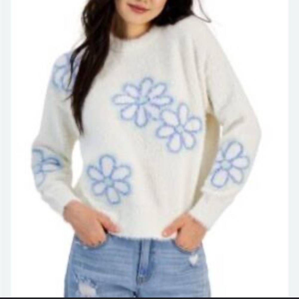 Hooked Up by IOT White Sweater with Blue Floral Design